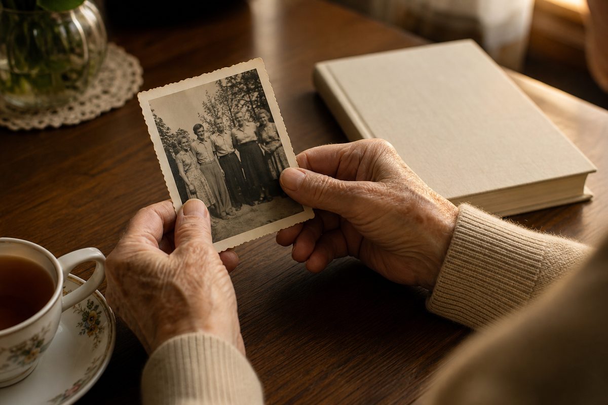 Older hands holding a black-and-white family photograph beside a hardcover book